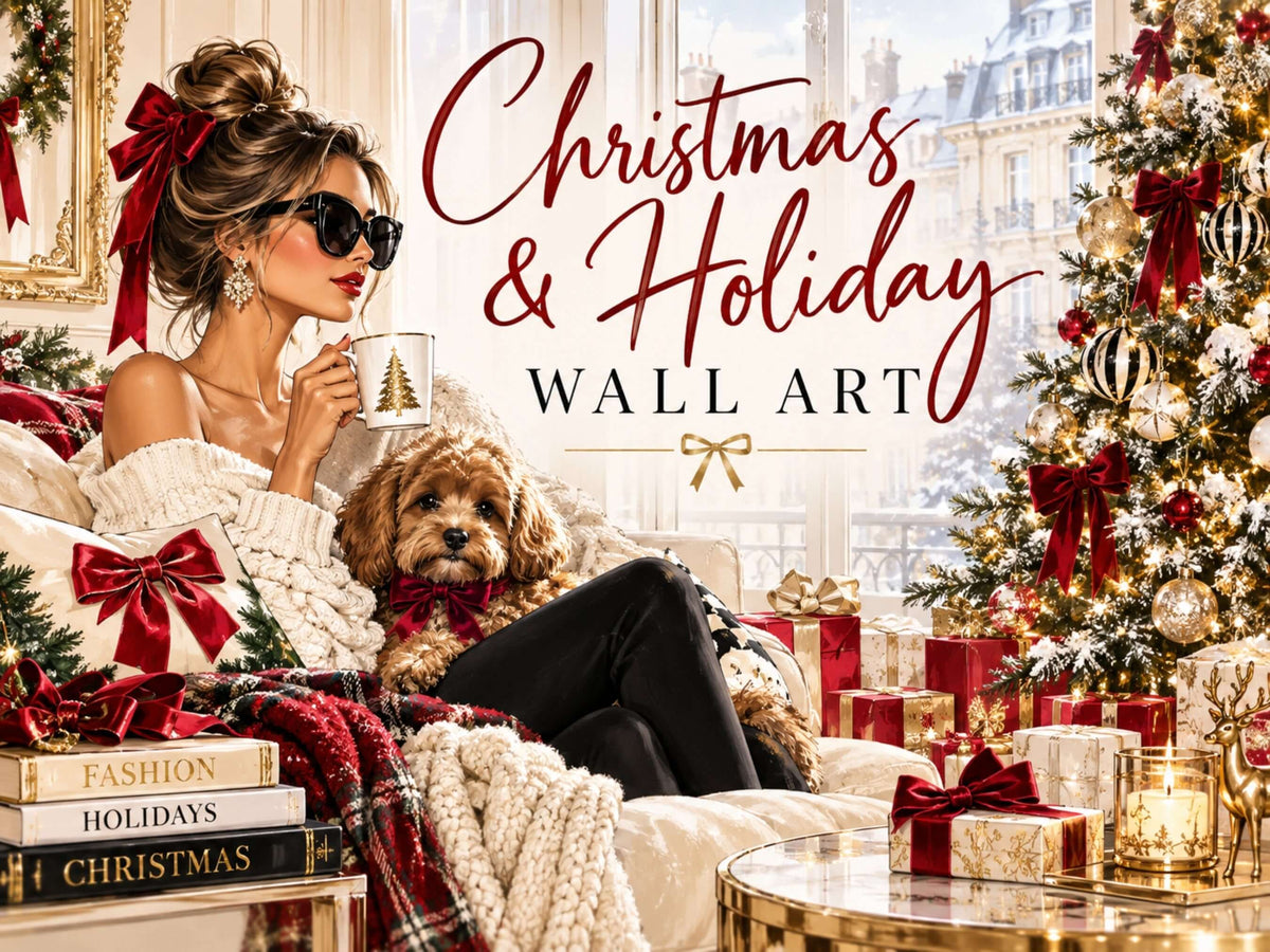 Luxury Christmas & Holiday Wall Art collection cover featuring Parisian-inspired fashion, a glamorous woman relaxing with her dog, a decorated Christmas tree, elegant red and gold holiday accents, and cozy festive decor. 