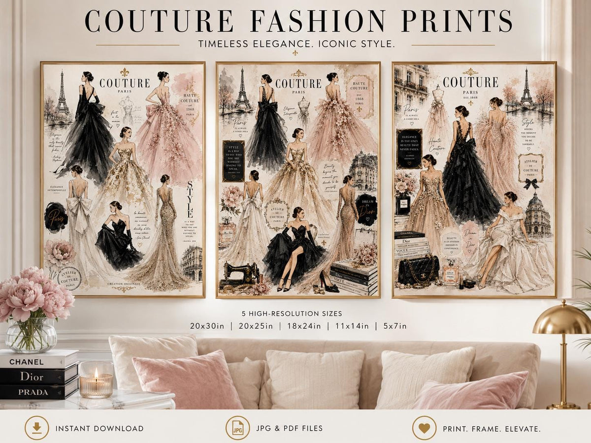 Couture Fashion Illustration Prints, Paris Haute Couture Wall Art, Vogue Style Decor (Digital Download)