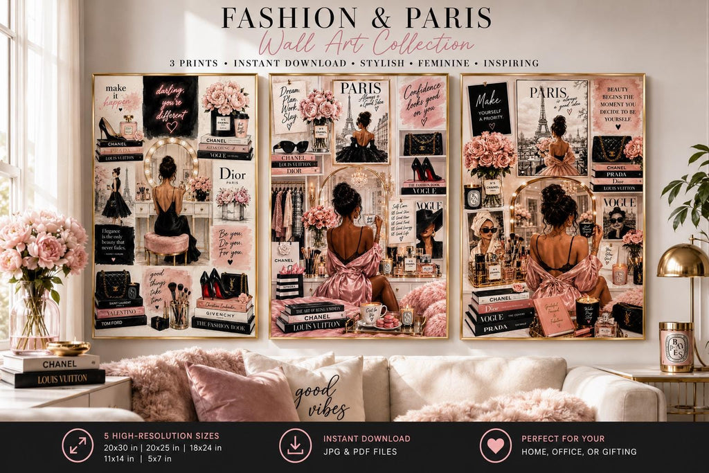 Chic Paris Fashion Wall Art Set, Vanity Glam Illustration Prints (Digital Download)
