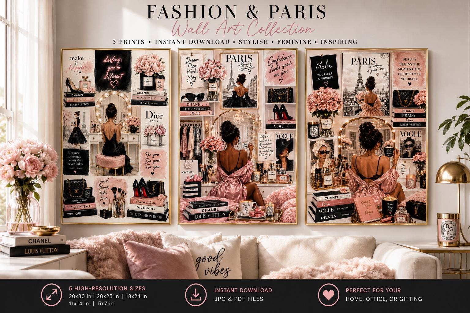 Chic Paris Fashion Wall Art Set, Vanity Glam Illustration Prints (Digital Download)