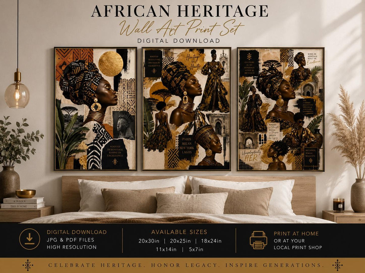 Afrocentric Fashion Wall Art Set of 3, Black Woman Printable Wall Art, African Heritage Decor, Luxury Fashion Collage Print