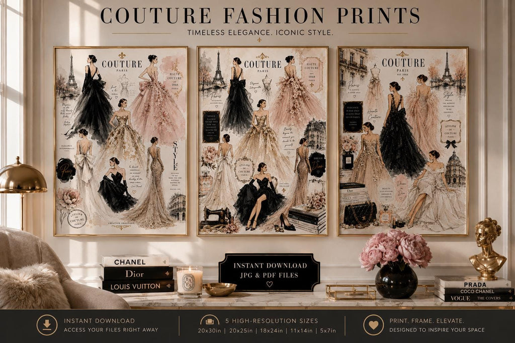 Couture Fashion Illustration Prints, Paris Haute Couture Wall Art, Vogue Style Decor (Digital Download)