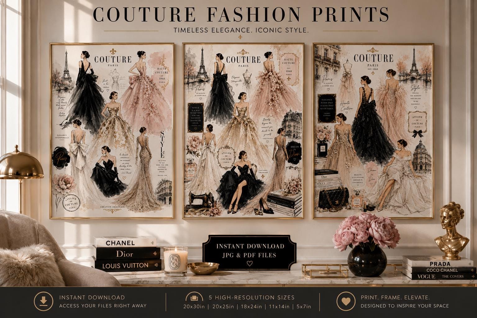 Couture Fashion Illustration Prints, Paris Haute Couture Wall Art, Vogue Style Decor (Digital Download)
