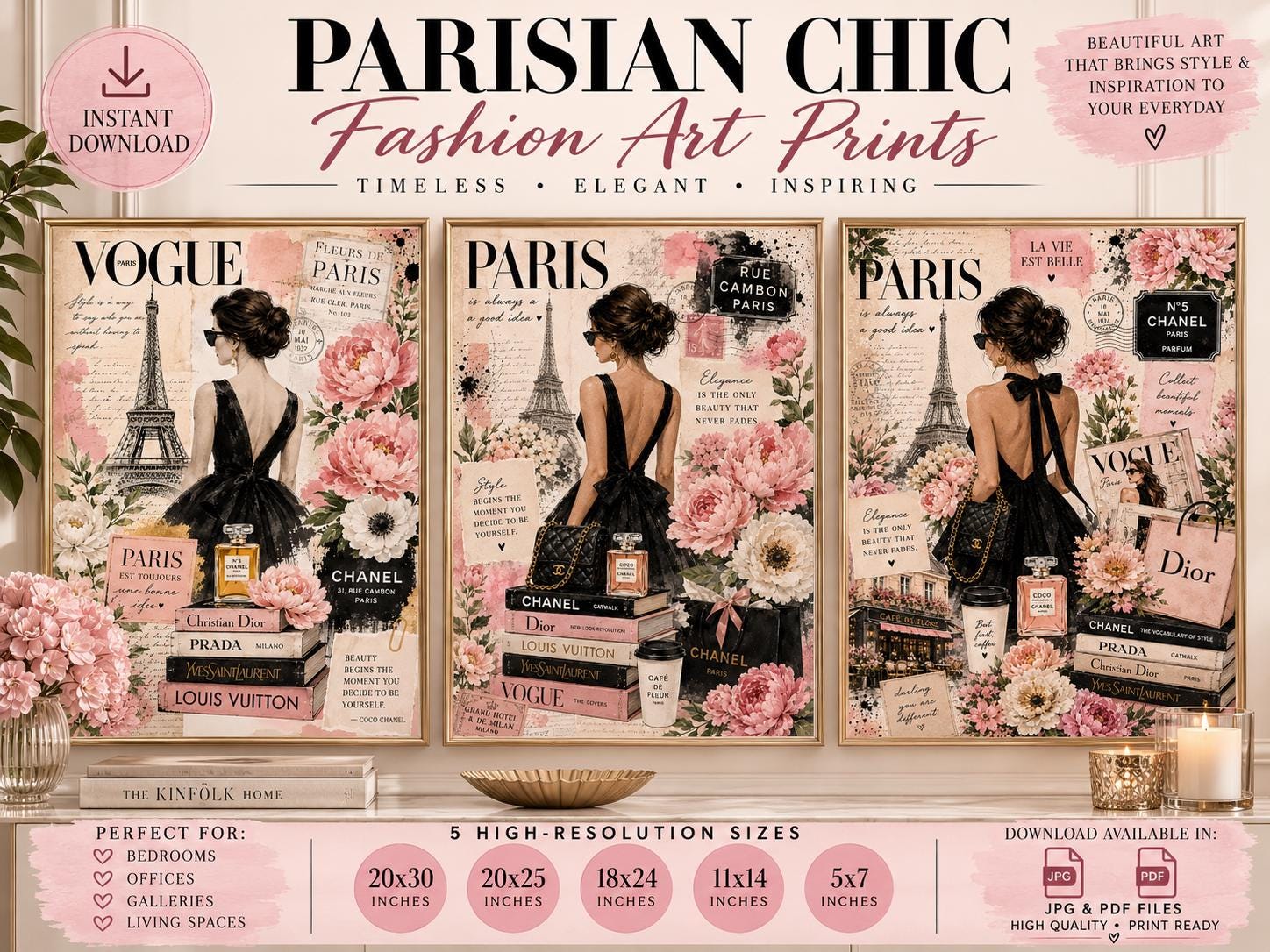 Paris Fashion Wall Art Set, Floral Chic Vogue Prints, Luxury Gallery Decor (Digital Download)