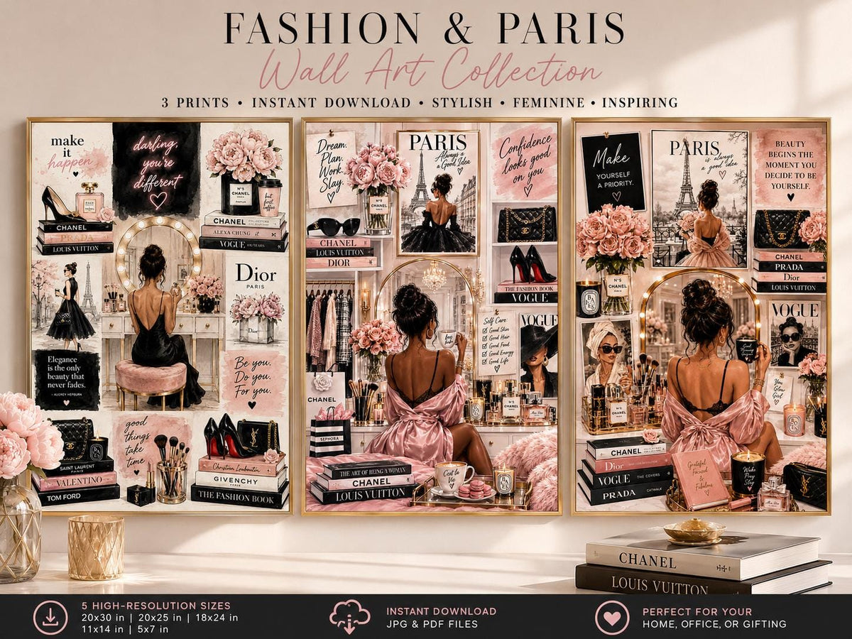 Chic Paris Fashion Wall Art Set, Vanity Glam Illustration Prints (Digital Download)