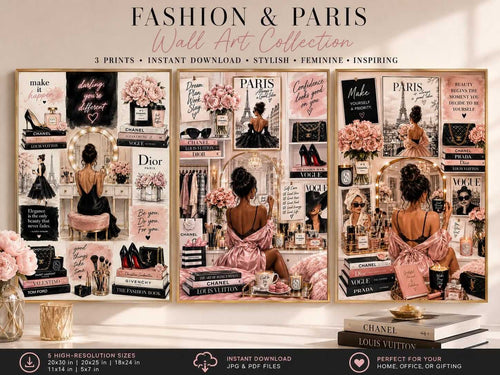 Chic Paris Fashion Wall Art Set featuring a close-up of three gold-framed vanity glam illustration prints. Detailed Parisian fashion collages include elegant women, pink satin robes, makeup brushes, roses, luxury-inspired accessories, and stylish dressing tables. Printable wall art digital download.