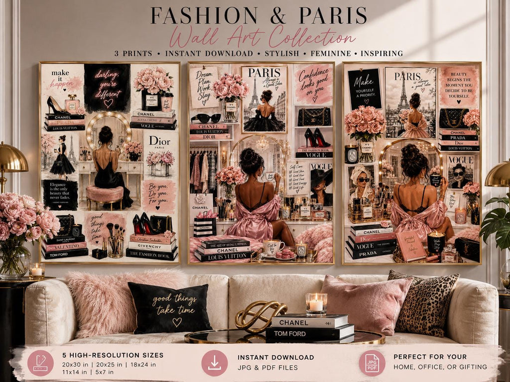 Chic Paris Fashion Wall Art Set, Vanity Glam Illustration Prints (Digital Download)
