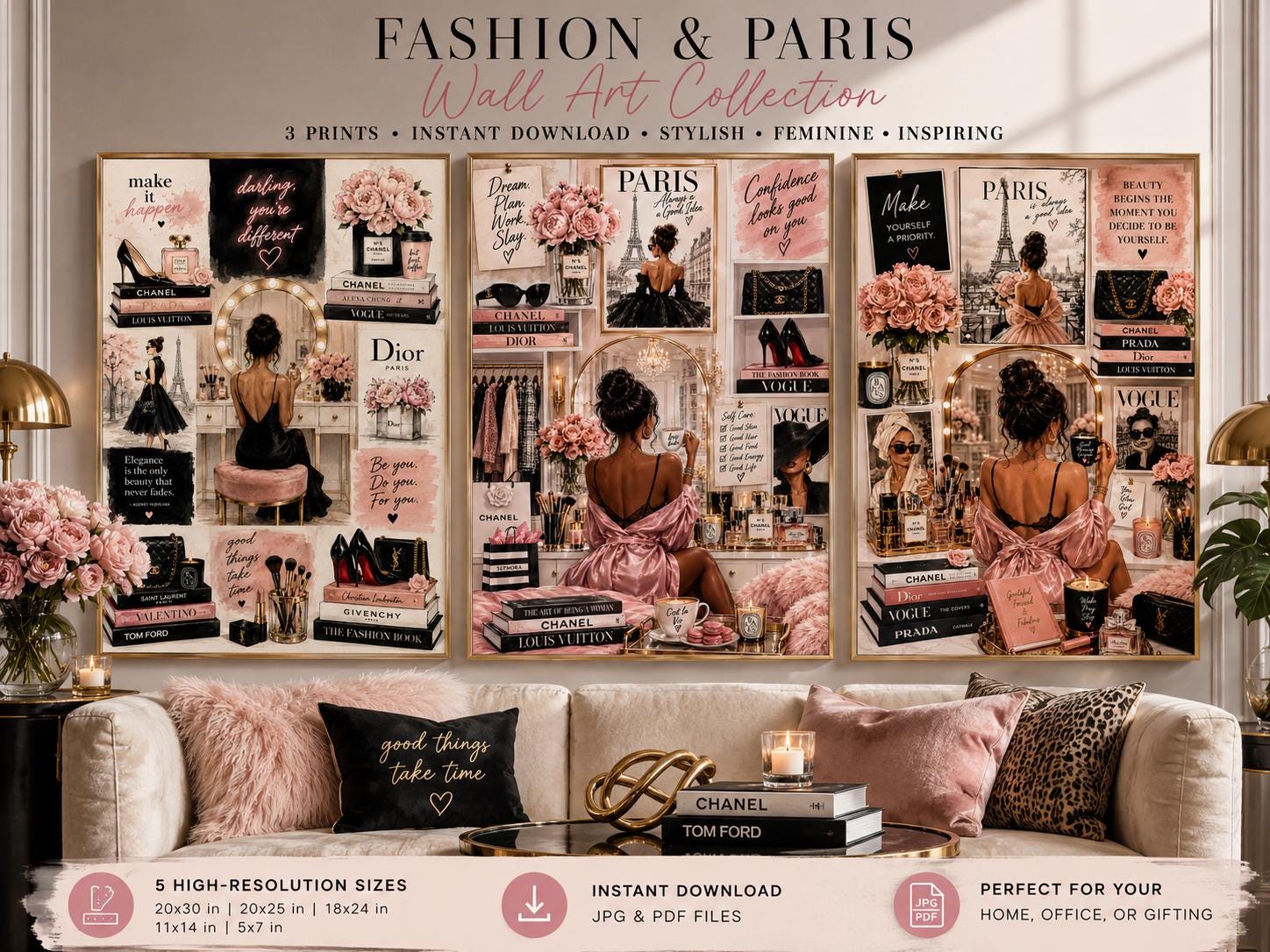 Chic Paris Fashion Wall Art Set, Vanity Glam Illustration Prints (Digital Download)