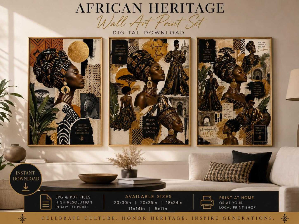 Afrocentric Fashion Wall Art Set of 3 displayed above a modern cream sofa and wooden console. Three gold-framed African heritage decor prints feature Black women wearing elaborate patterned headwraps, gold jewelry, and couture-inspired clothing against textured black, beige, and gold collage backgrounds.