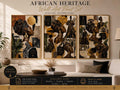Afrocentric Fashion Wall Art Set of 3 displayed above a modern cream sofa and wooden console. Three gold-framed African heritage decor prints feature Black women wearing elaborate patterned headwraps, gold jewelry, and couture-inspired clothing against textured black, beige, and gold collage backgrounds.