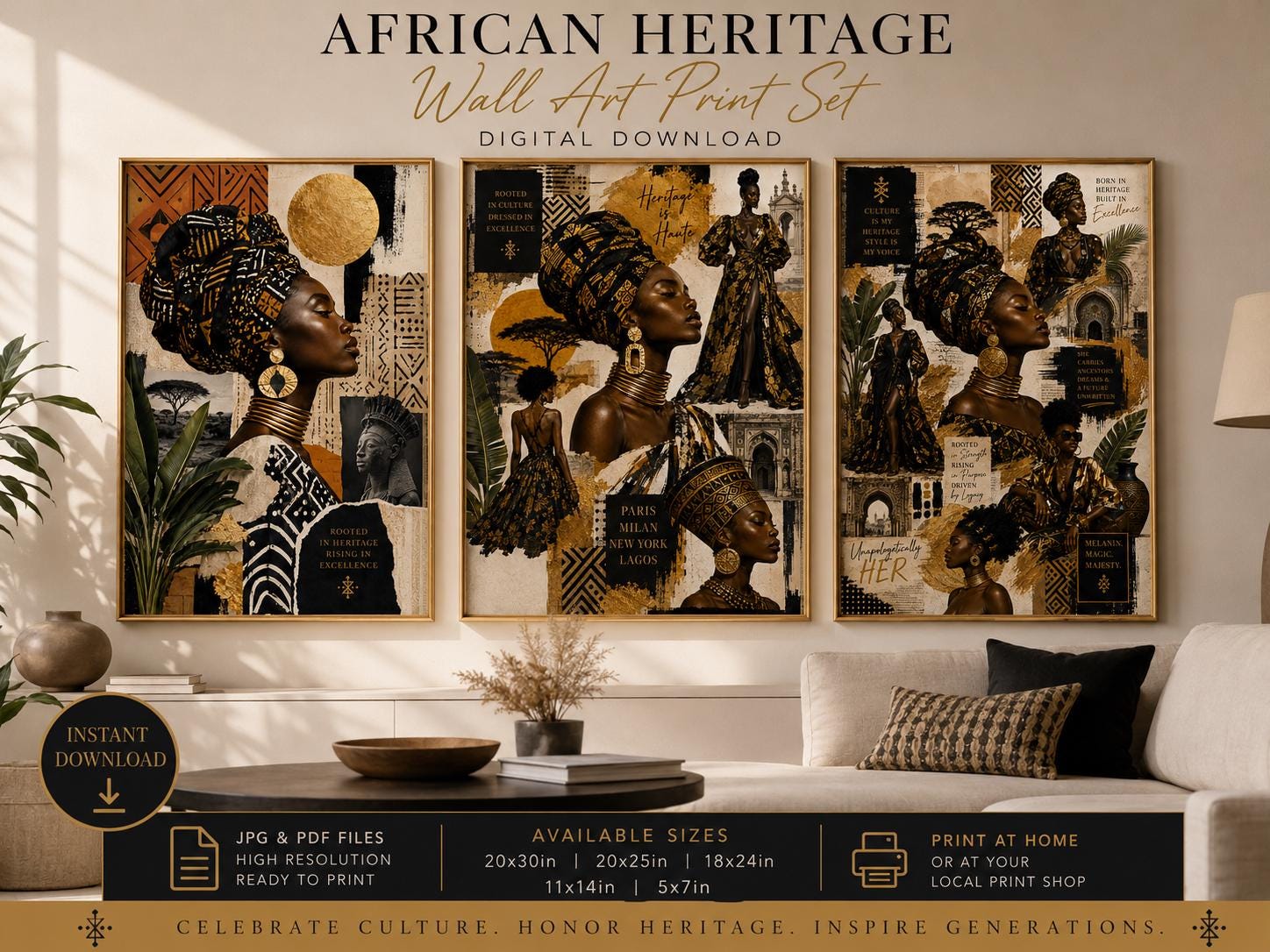 Afrocentric Fashion Wall Art Set of 3, Black Woman Printable Wall Art, African Heritage Decor, Luxury Fashion Collage Print