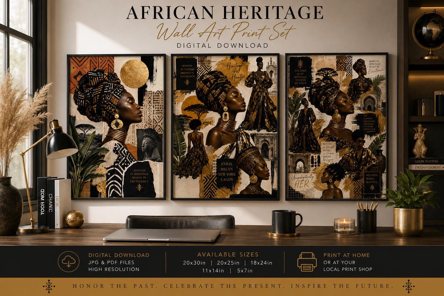 Afrocentric Fashion Wall Art Set of 3, Black Woman Printable Wall Art, African Heritage Decor, Luxury Fashion Collage Print