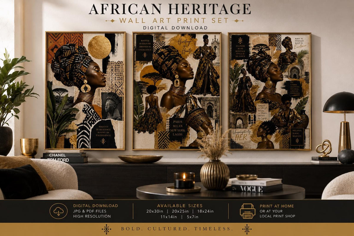 Afrocentric Fashion Wall Art Set of 3, Black Woman Printable Wall Art, African Heritage Decor, Luxury Fashion Collage Print