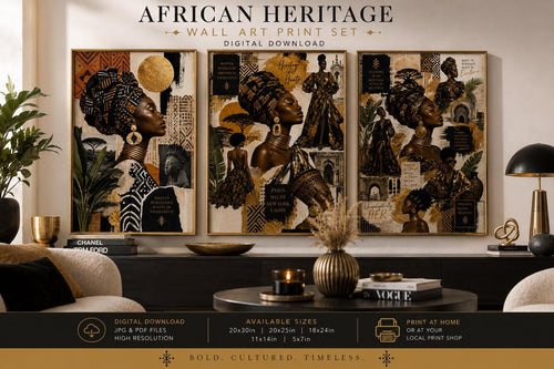 Afrocentric Fashion Wall Art Set of 3, Black Woman Printable Wall Art, African Heritage Decor, Luxury Fashion Collage Print