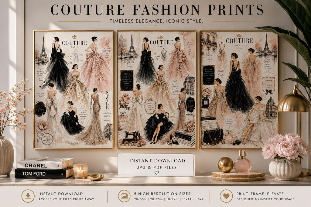 Couture Fashion Illustration Prints, Paris Haute Couture Wall Art, Vogue Style Decor (Digital Download)