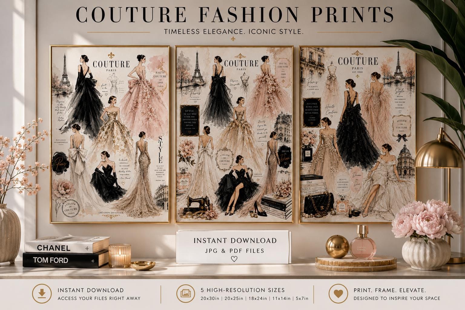 Couture Fashion Illustration Prints, Paris Haute Couture Wall Art, Vogue Style Decor (Digital Download)