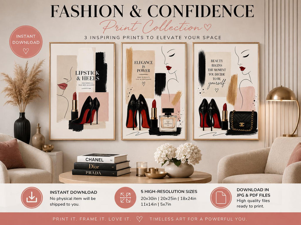 Luxury Fashion Wall Art Set of 3, Lipstick & Heels Printable Wall Art, Chic Makeup Fashion Print, Glam Office Decor Download