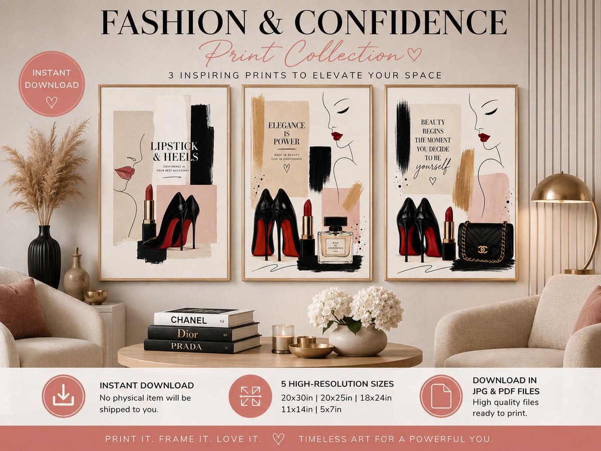Luxury Fashion Wall Art Set of 3, Lipstick & Heels Printable Wall Art, Chic Makeup Fashion Print, Glam Office Decor Download
