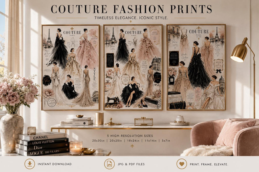 Couture Fashion Illustration Prints, Paris Haute Couture Wall Art, Vogue Style Decor (Digital Download)