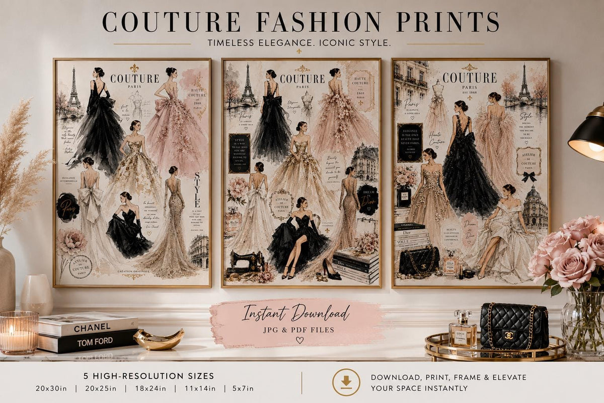Couture Fashion Illustration Prints, Paris Haute Couture Wall Art, Vogue Style Decor (Digital Download)