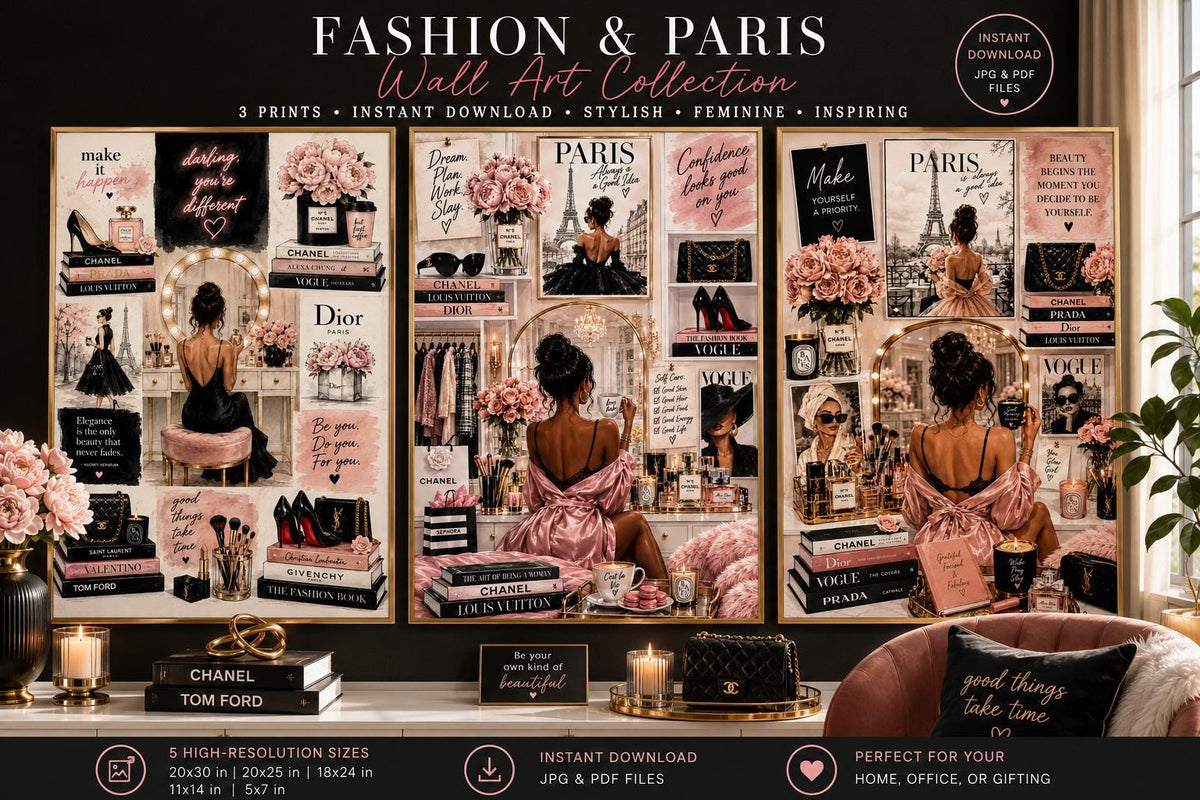 Chic Paris Fashion Wall Art Set, Vanity Glam Illustration Prints (Digital Download)