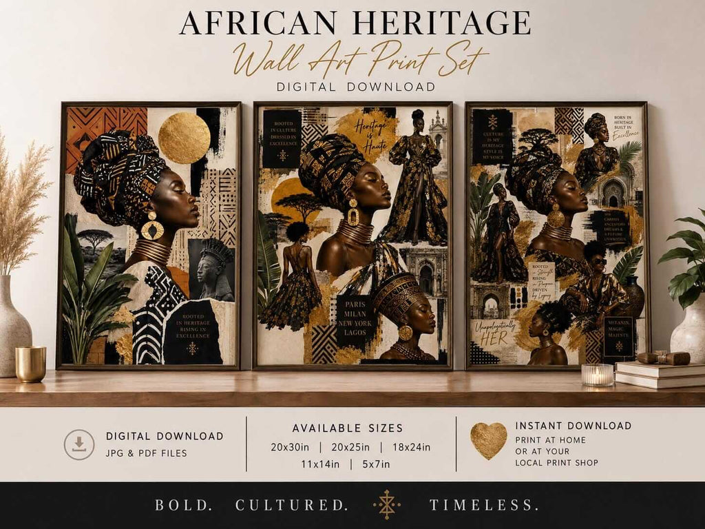Afrocentric Fashion Wall Art Set of 3 featuring a close-up of three framed Black woman fashion collages. Detailed African-inspired headwraps, gold earrings, layered necklaces, geometric textile patterns, and elegant couture illustrations create bold black-and-gold luxury gallery decor. Printable digital download.