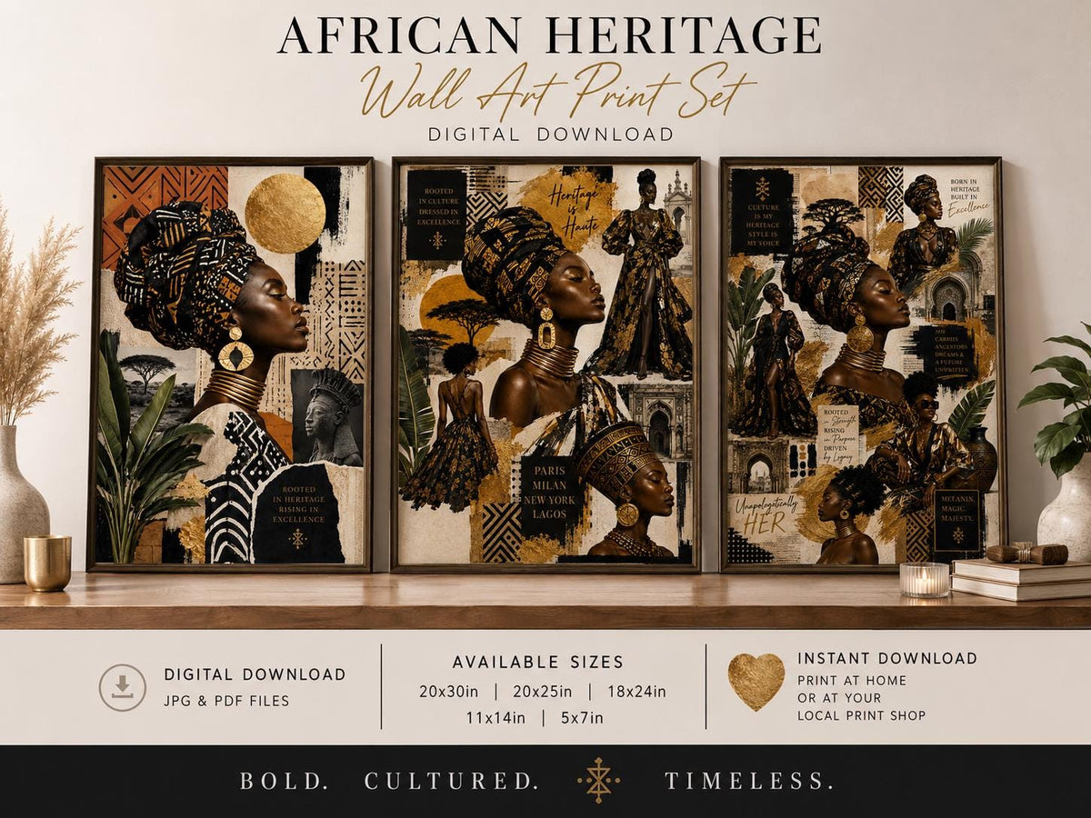 Afrocentric Fashion Wall Art Set of 3, Black Woman Printable Wall Art, African Heritage Decor, Luxury Fashion Collage Print