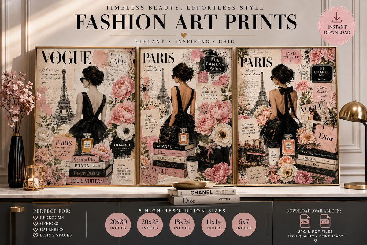Paris Fashion Wall Art Set, Floral Chic Vogue Prints, Luxury Gallery Decor (Digital Download)