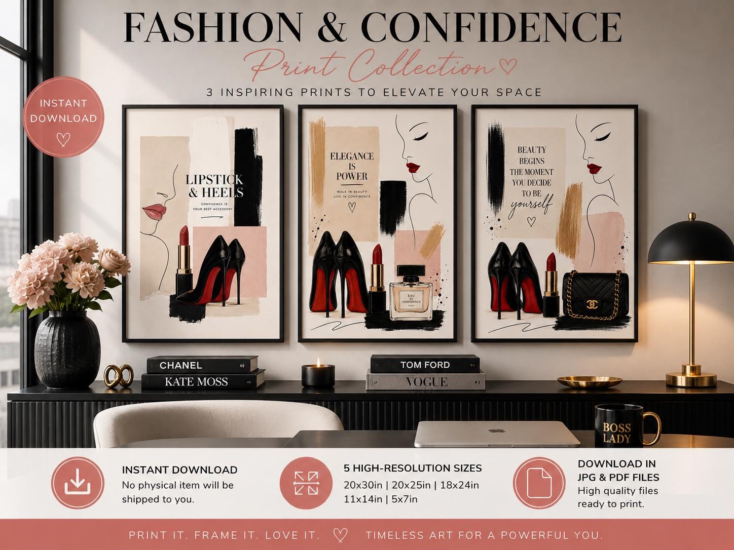 Luxury Fashion Wall Art Set of 3, Lipstick & Heels Printable Wall Art, Chic Makeup Fashion Print, Glam Office Decor Download