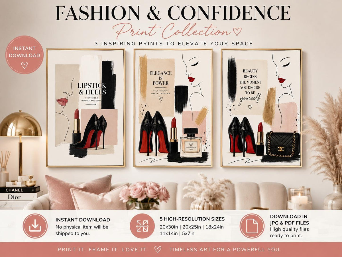 Luxury Fashion Wall Art Set of 3, Lipstick & Heels Printable Wall Art, Chic Makeup Fashion Print, Glam Office Decor Download