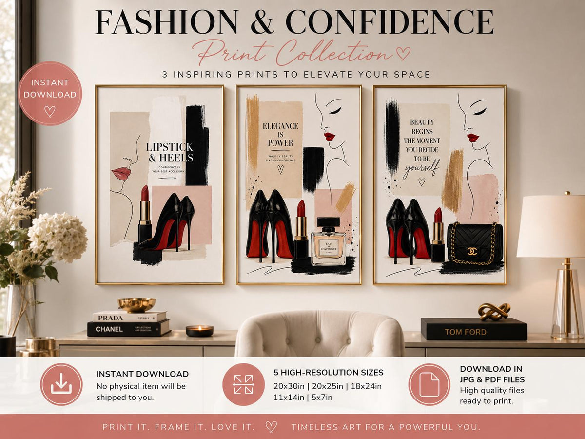 Luxury Fashion Wall Art Set of 3, Lipstick & Heels Printable Wall Art, Chic Makeup Fashion Print, Glam Office Decor Download