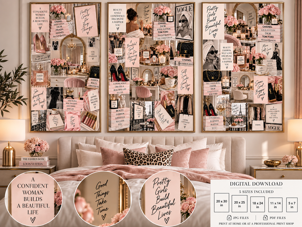Blush Pink Fashion Wall Art Set of 3 – Feminine Fashion Collage, Glam Bedroom & Beauty Room Decor, Digital Download
