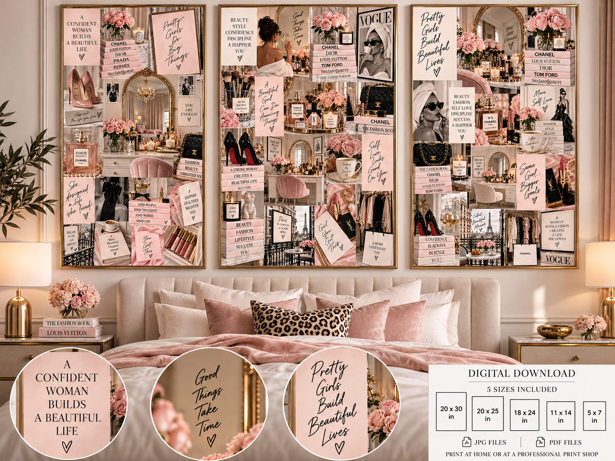 Blush Pink Fashion Wall Art Set of 3 – Feminine Fashion Collage, Glam Bedroom & Beauty Room Decor, Digital Download