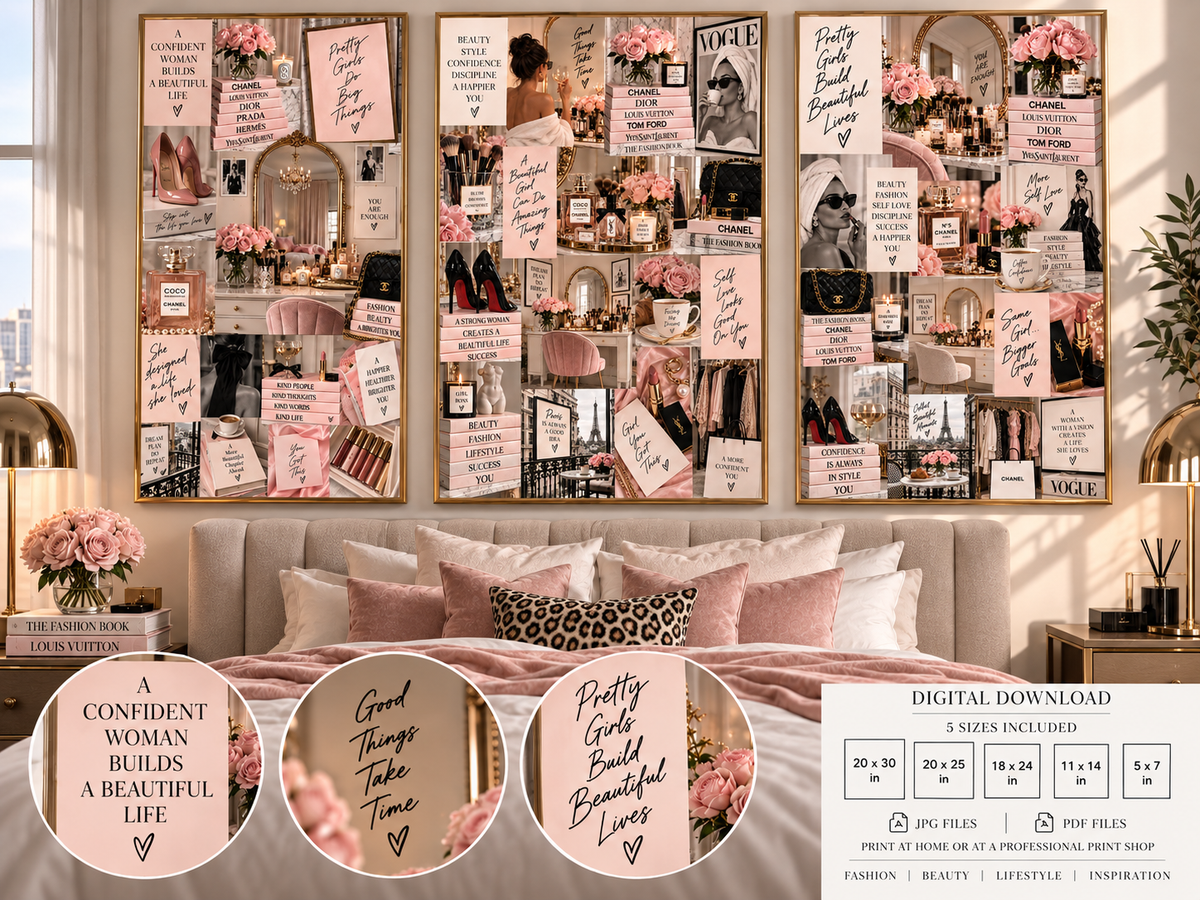 Blush Pink Fashion Wall Art Set of 3 – Feminine Fashion Collage, Glam Bedroom & Beauty Room Decor, Digital Download