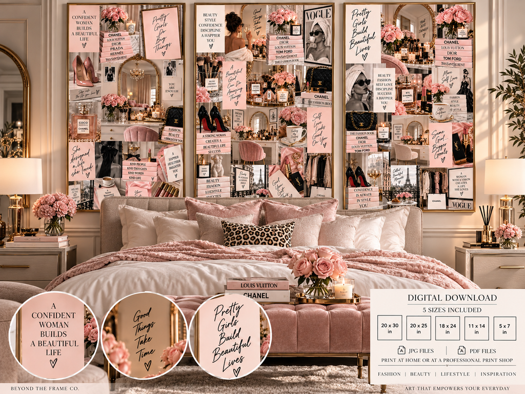 Blush Pink Fashion Wall Art Set of 3 – Feminine Fashion Collage, Glam Bedroom & Beauty Room Decor, Digital Download