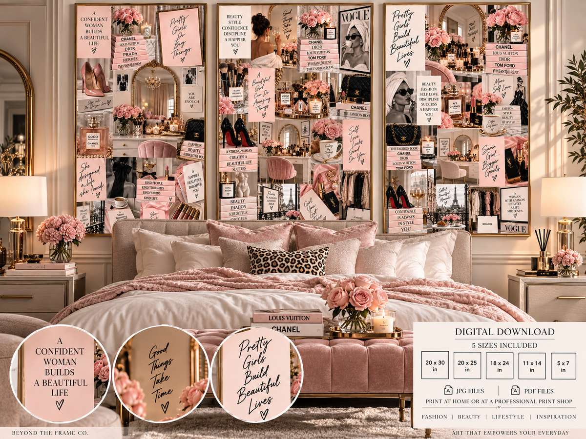 Blush Pink Fashion Wall Art Set of 3 – Feminine Fashion Collage, Glam Bedroom & Beauty Room Decor, Digital Download