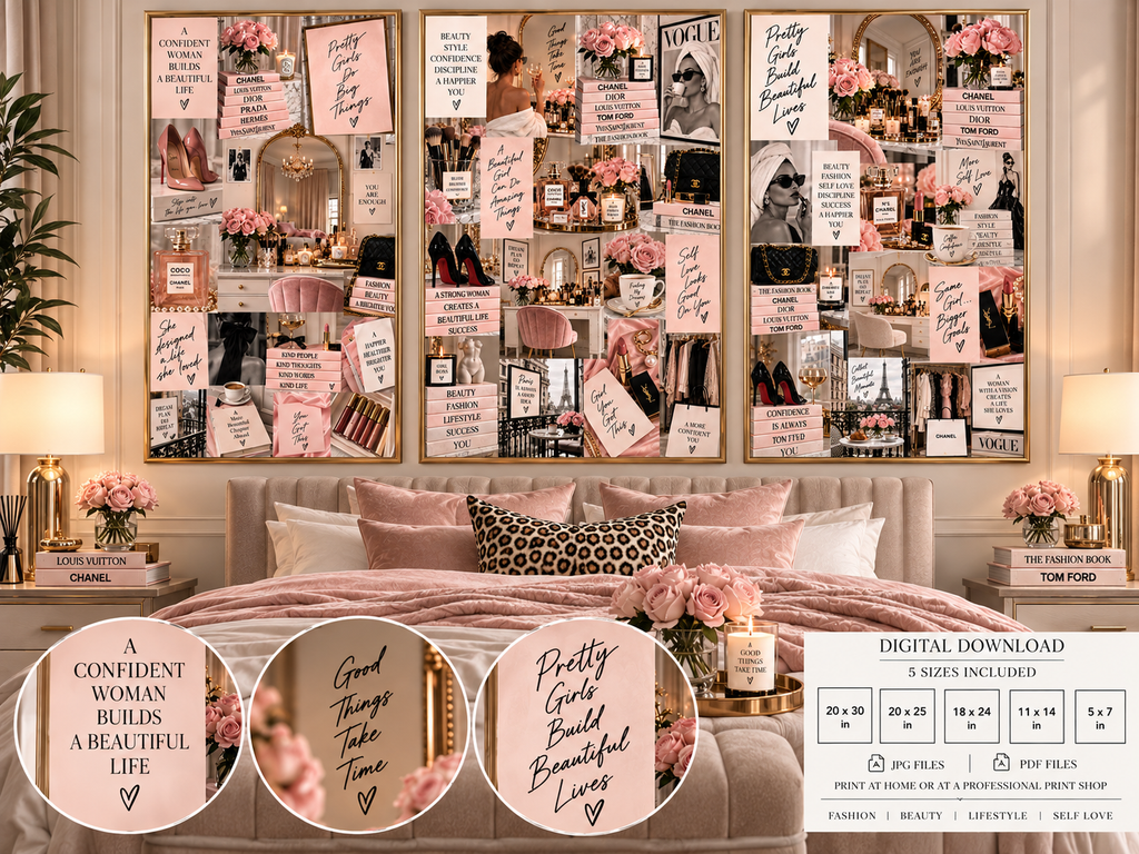 Blush Pink Fashion Wall Art Set of 3 – Feminine Fashion Collage, Glam Bedroom & Beauty Room Decor, Digital Download