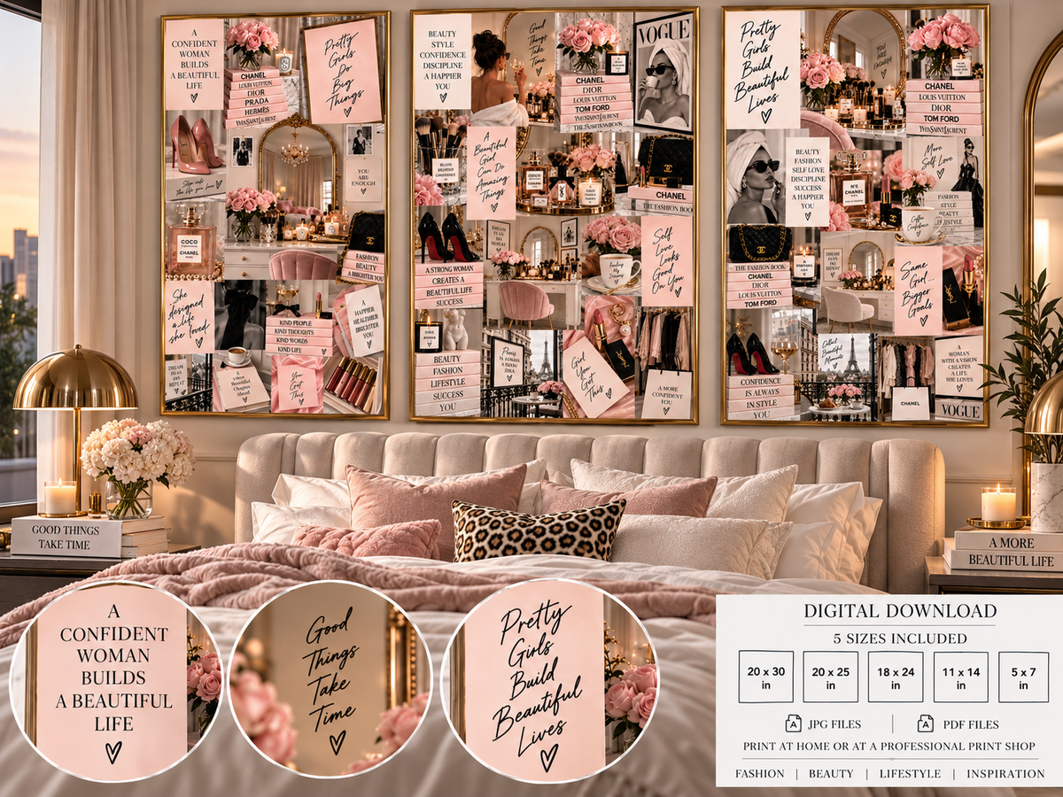 Blush Pink Fashion Wall Art Set of 3 – Feminine Fashion Collage, Glam Bedroom & Beauty Room Decor, Digital Download