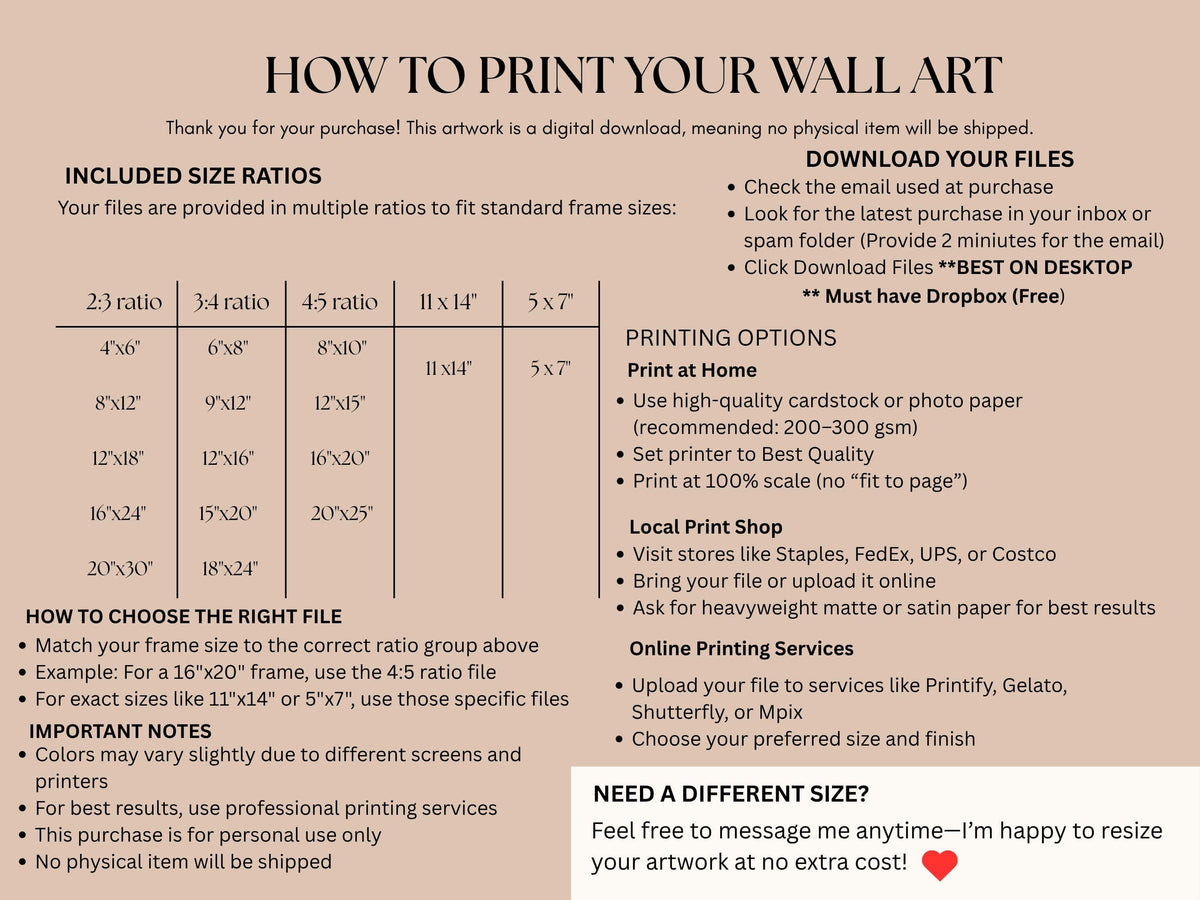 Printing instructions for Blush Pink Fashion Wall Art Set of 3 showing printable size ratios, digital file download steps, paper recommendations, and home or professional printing options.