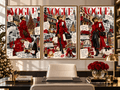 Christmas Fashion Wall Art Set of 3 featuring red and black Vogue-style NYC editorial collages in gold frames, displayed above an elegant office desk with festive Christmas decor.