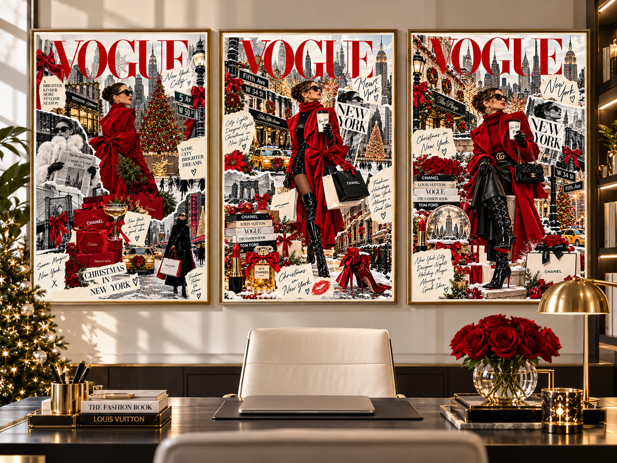 Christmas Fashion Wall Art Set of 3 featuring red and black Vogue-style NYC editorial collages in gold frames, displayed above an elegant office desk with festive Christmas decor.