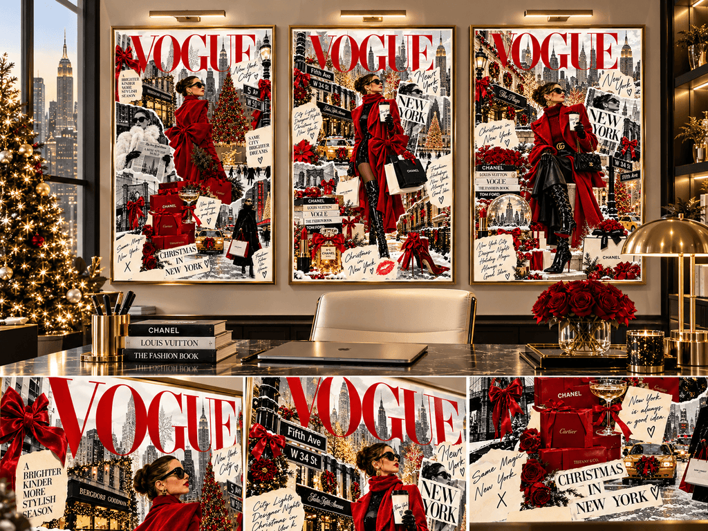 Christmas Fashion Wall Art Set of 3 with NYC Vogue-style fashion illustrations, red winter outfits, holiday shopping scenes and festive collage details in a luxury office.