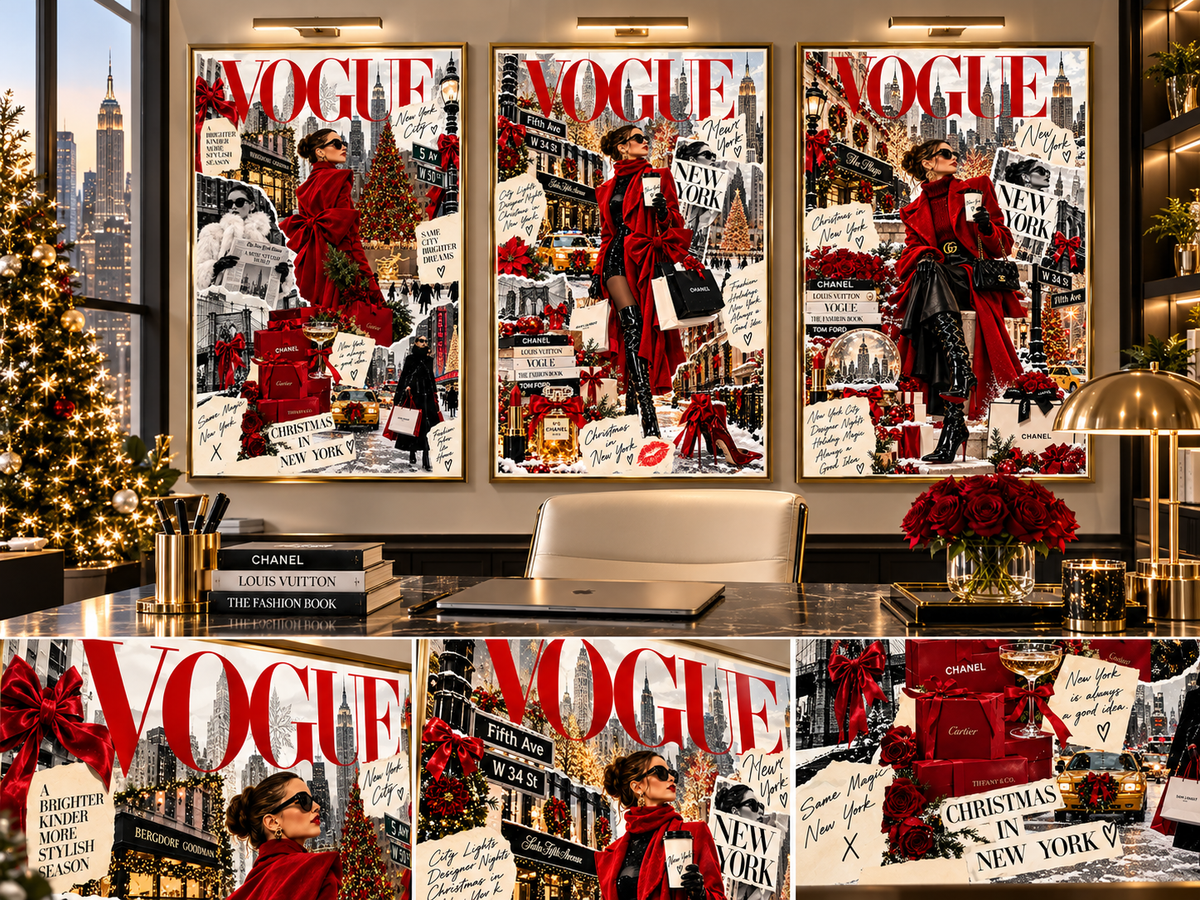 Christmas Fashion Wall Art Set of 3 with NYC Vogue-style fashion illustrations, red winter outfits, holiday shopping scenes and festive collage details in a luxury office.