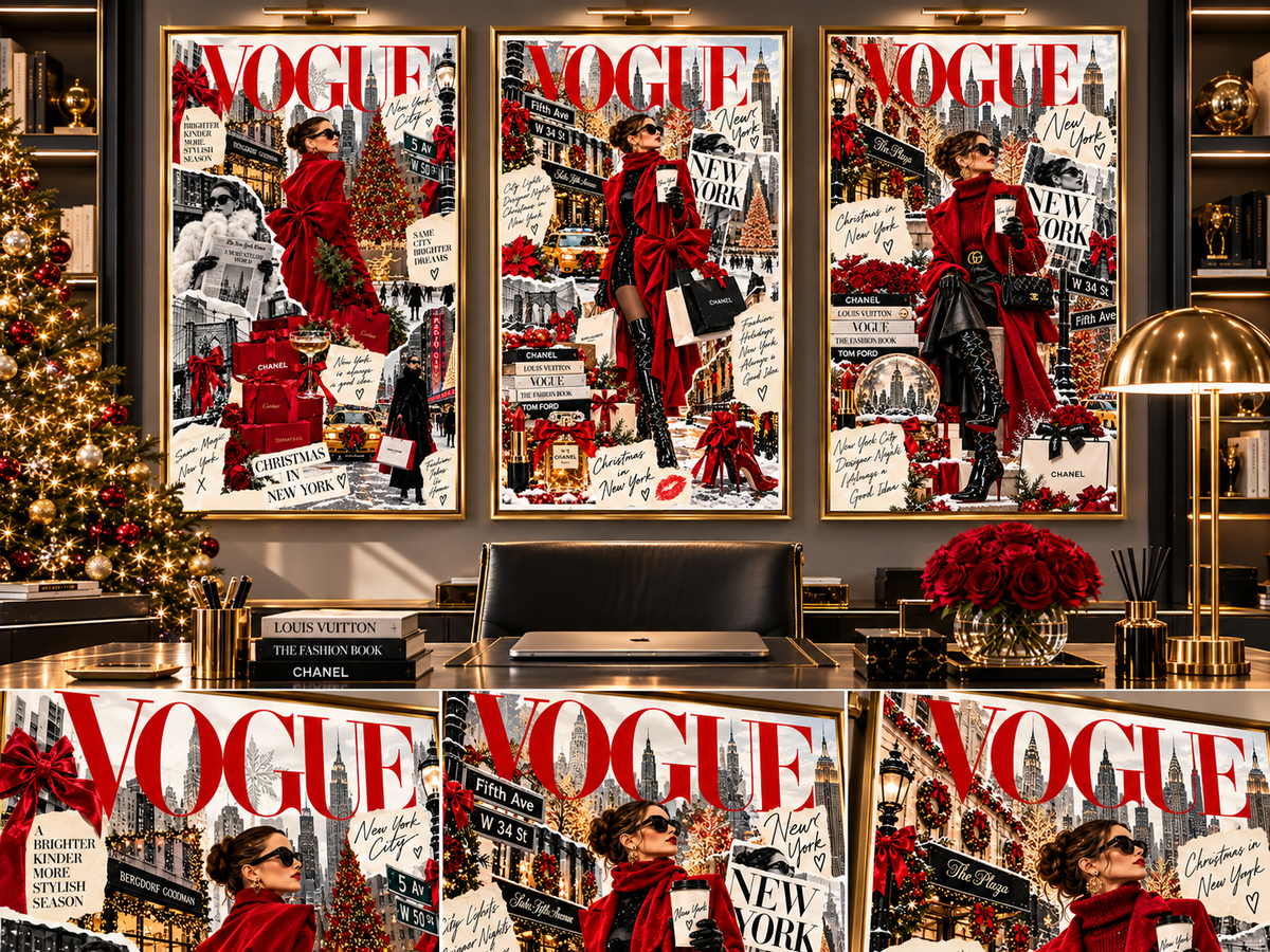 Christmas Fashion Wall Art Set of 3 showcasing Vogue-style New York holiday collages with fashionable women in red coats, designer-inspired accessories and festive city scenes.