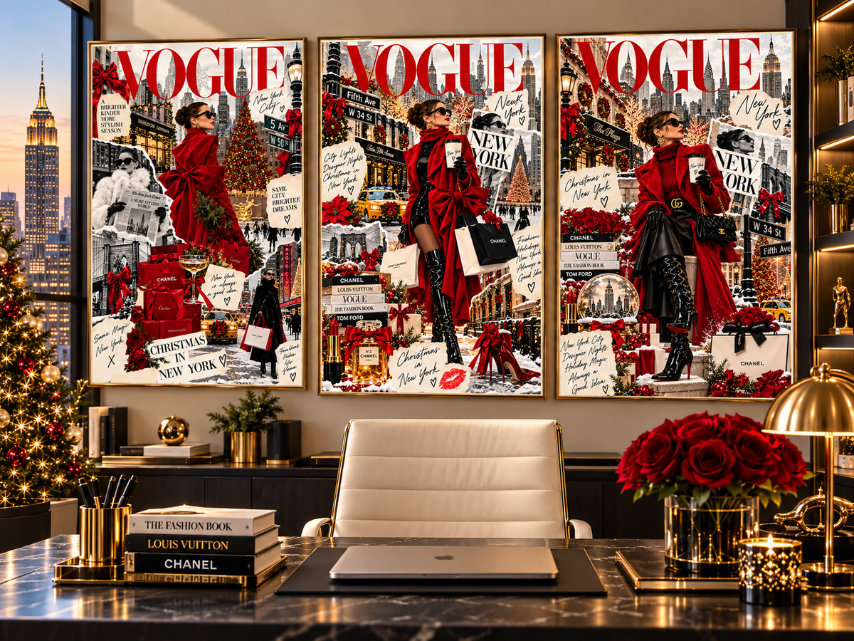 Christmas Fashion Wall Art Set of 3 displayed in a modern luxury office, featuring red and black New York fashion collages, Christmas trees, gold frames and holiday decor.