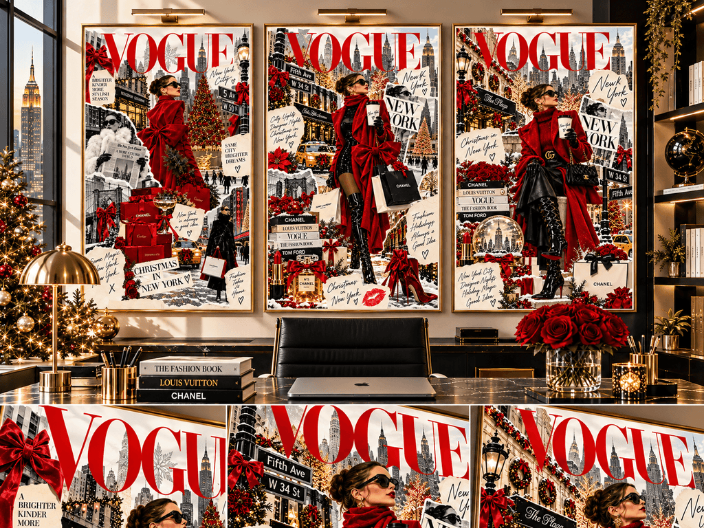 Christmas Fashion Wall Art Set of 3 in an elegant office with close-up NYC fashion collages featuring red Vogue-style typography, holiday shopping bags and Christmas decorations.
