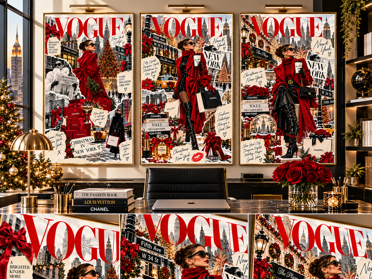 Christmas Fashion Wall Art Set of 3 in an elegant office with close-up NYC fashion collages featuring red Vogue-style typography, holiday shopping bags and Christmas decorations.