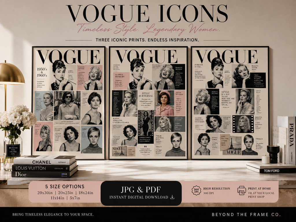 Vintage Fashion Icons Wall Art Set of 3 | 1950s & 1960s Editorial Fashion Collage | Retro Glamour Printable Art