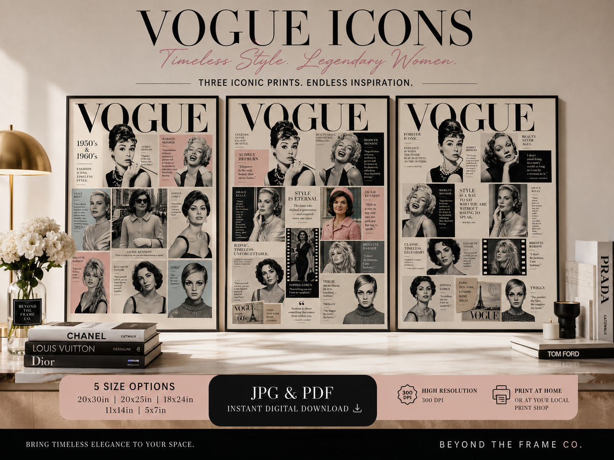 Vintage Fashion Icons Wall Art Set of 3 | 1950s & 1960s Editorial Fashion Collage | Retro Glamour Printable Art
