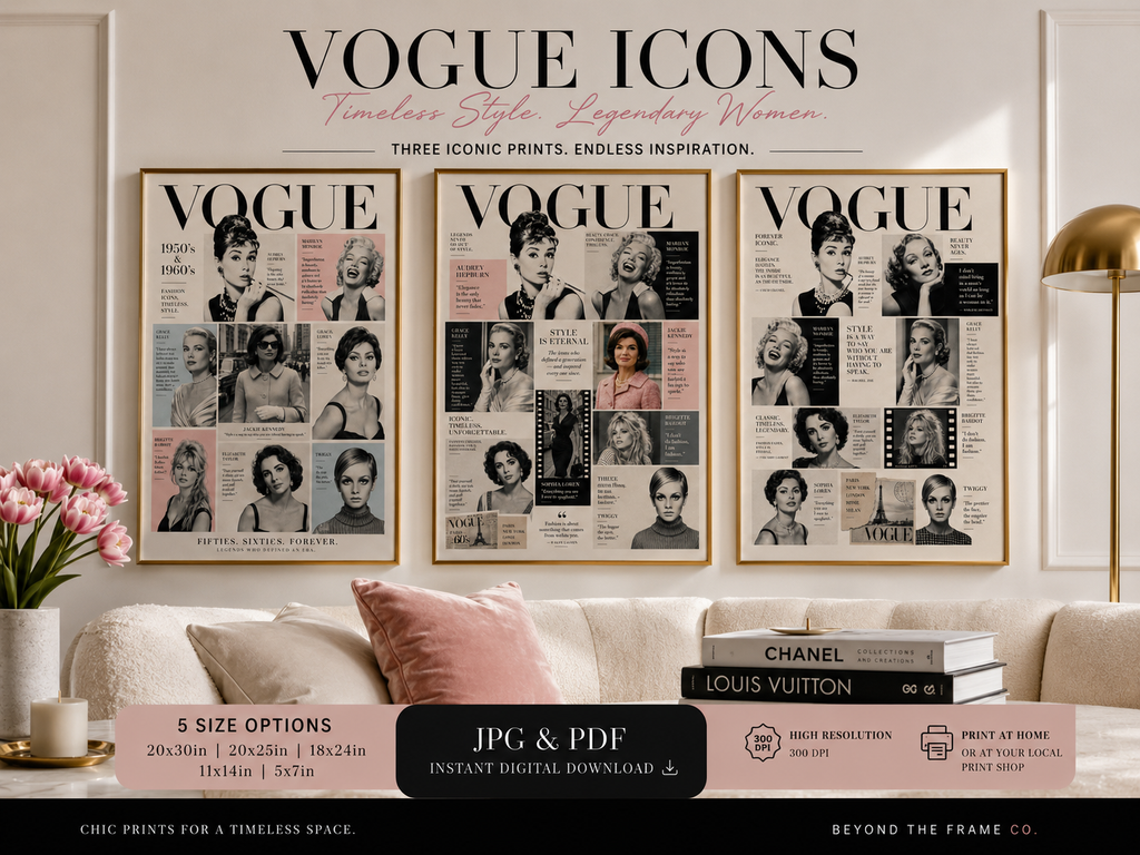 Vintage Fashion Icons Wall Art Set of 3 | 1950s & 1960s Editorial Fashion Collage | Retro Glamour Printable Art